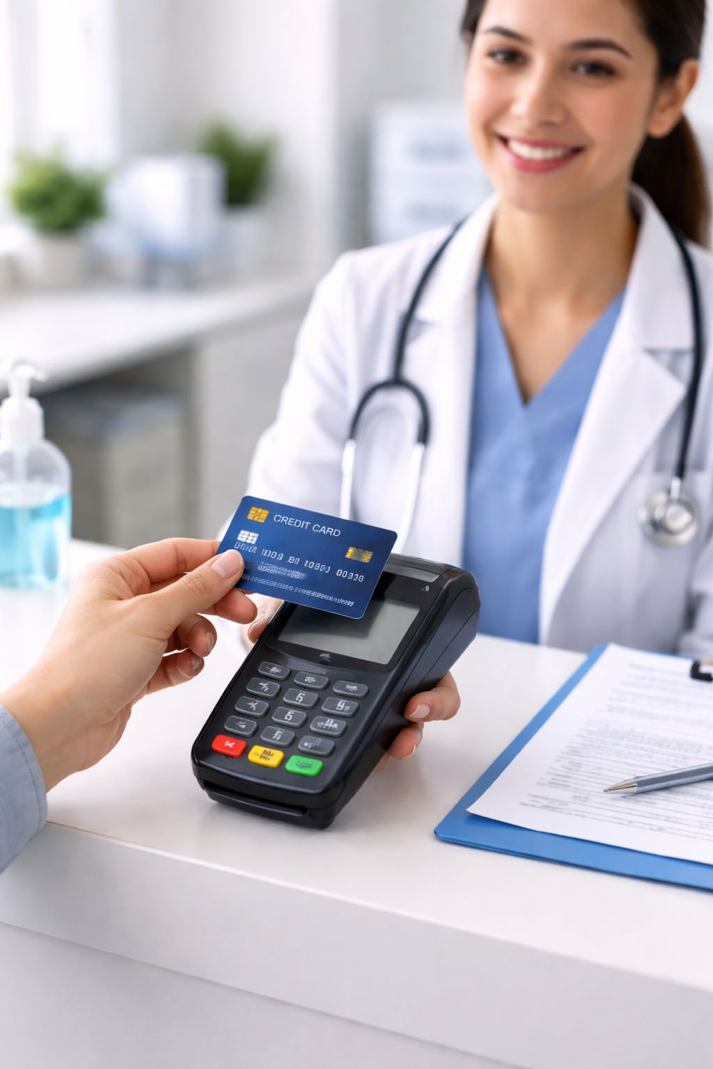 Patient making a credit card payment at a medical clinic reception desk