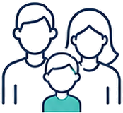 Family icon showing two parents with a child in front, standing together.