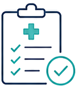 Clipboard with medical cross and three green check marks, plus a circular check symbol indicating completion of tasks.