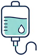 Illustration of an intravenous (IV) drip bag with blue liquid and tubing.
