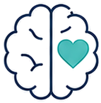 Illustration of a brain with a teal heart on the right side, representing mental health or compassion.