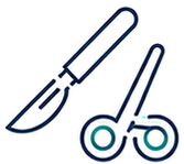 Crossed scalpel and scissors icon indicating cutting tools