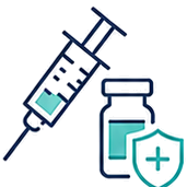 Syringe beside a vaccine vial and a shield with a medical cross, symbolizing vaccination and protection.